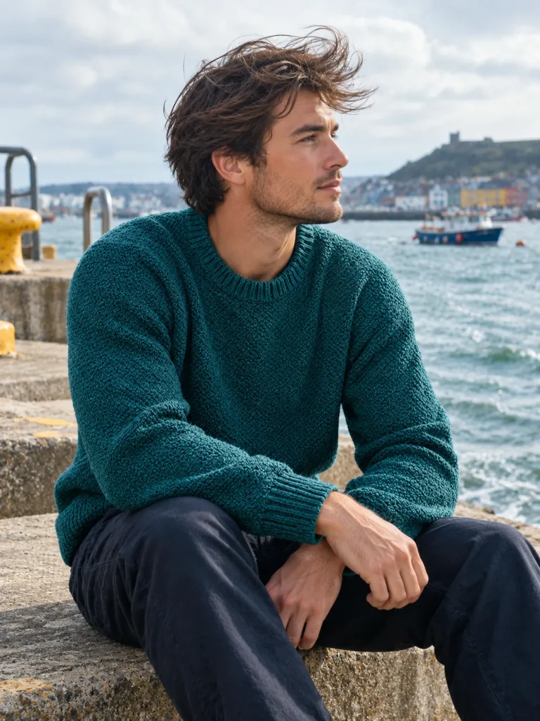 A man in the Bight Moss-Stitch Crew sitting on harbour steps