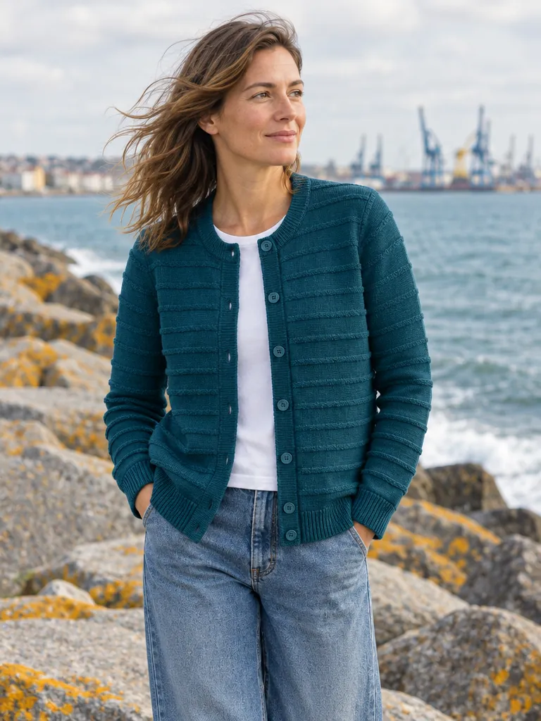 Bailey Welt Stripe Cardigan – Harbour, worn outdoors by the sea