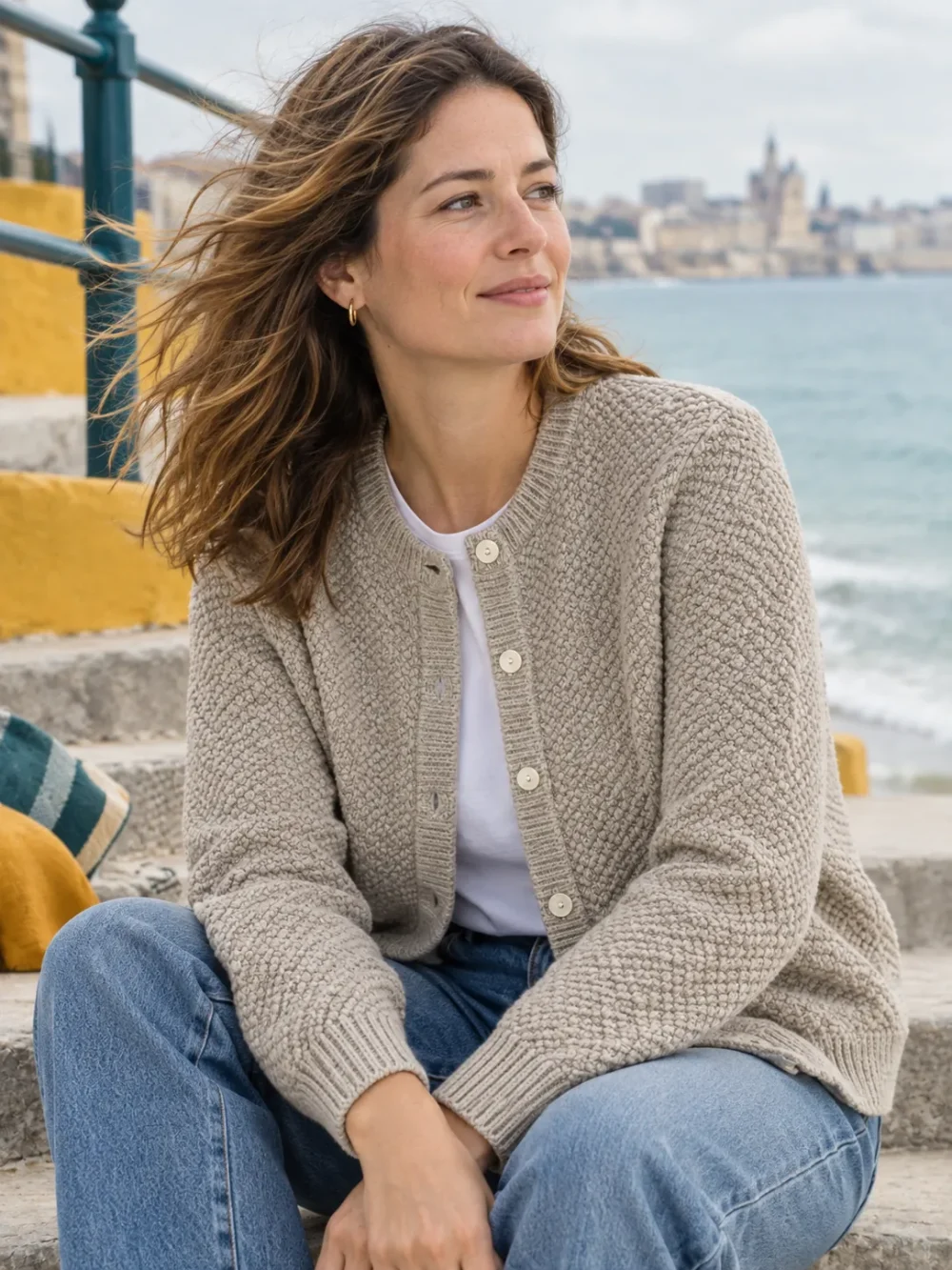 Bight Moss-Stitch Cardigan – Pebble, worn, close-up