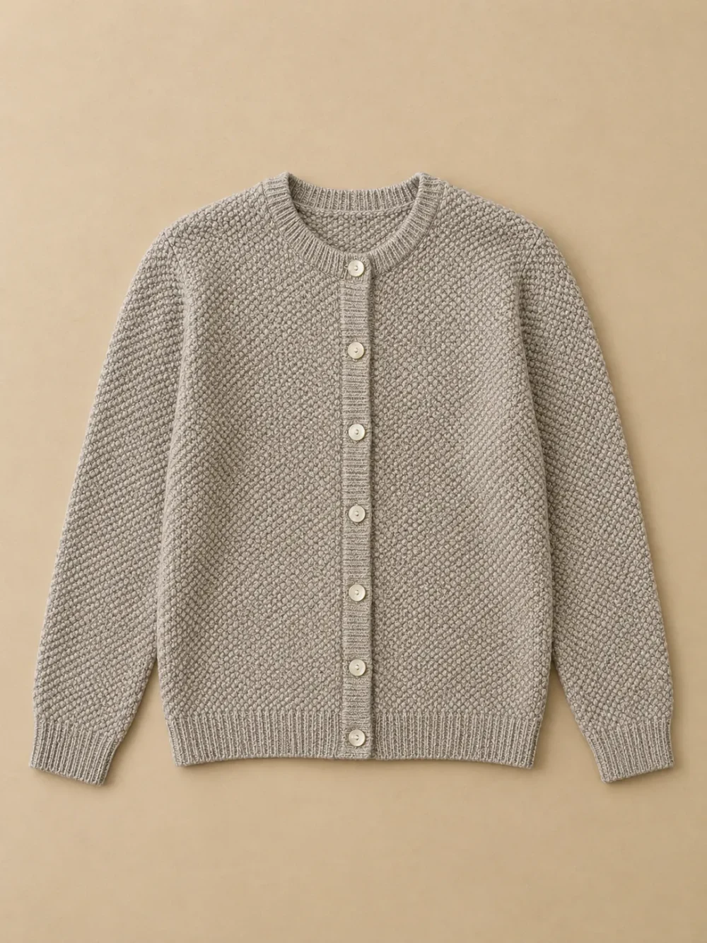 Bight Moss-Stitch Cardigan – Pebble, laid flat, front