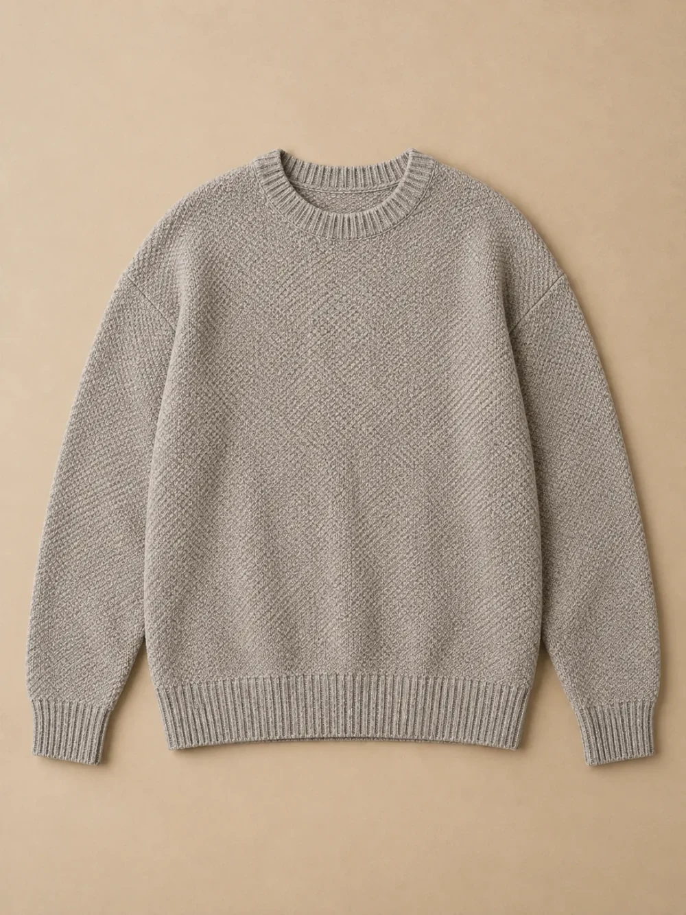 Bight Moss-Stitch Crew – Pebble, laid flat, front