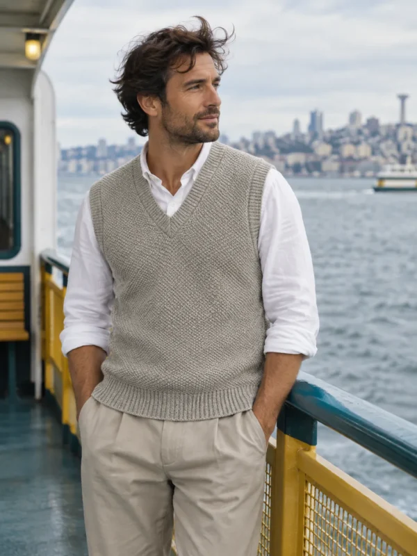 Bight Moss-Stitch Vest – Pebble, worn outdoors by the sea