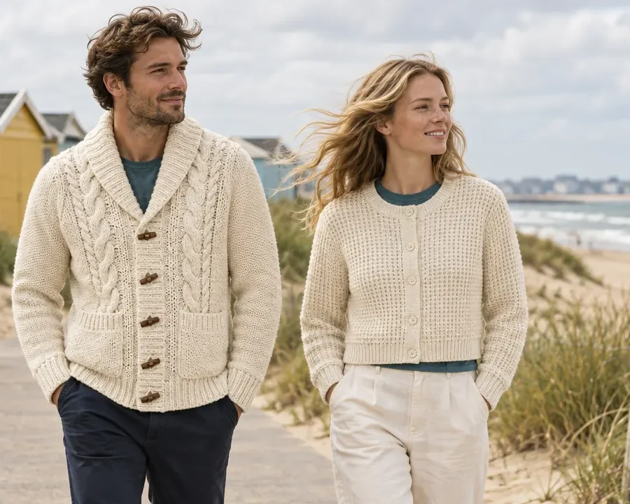 Two people walking past beach huts in cable and waffle cardigans
