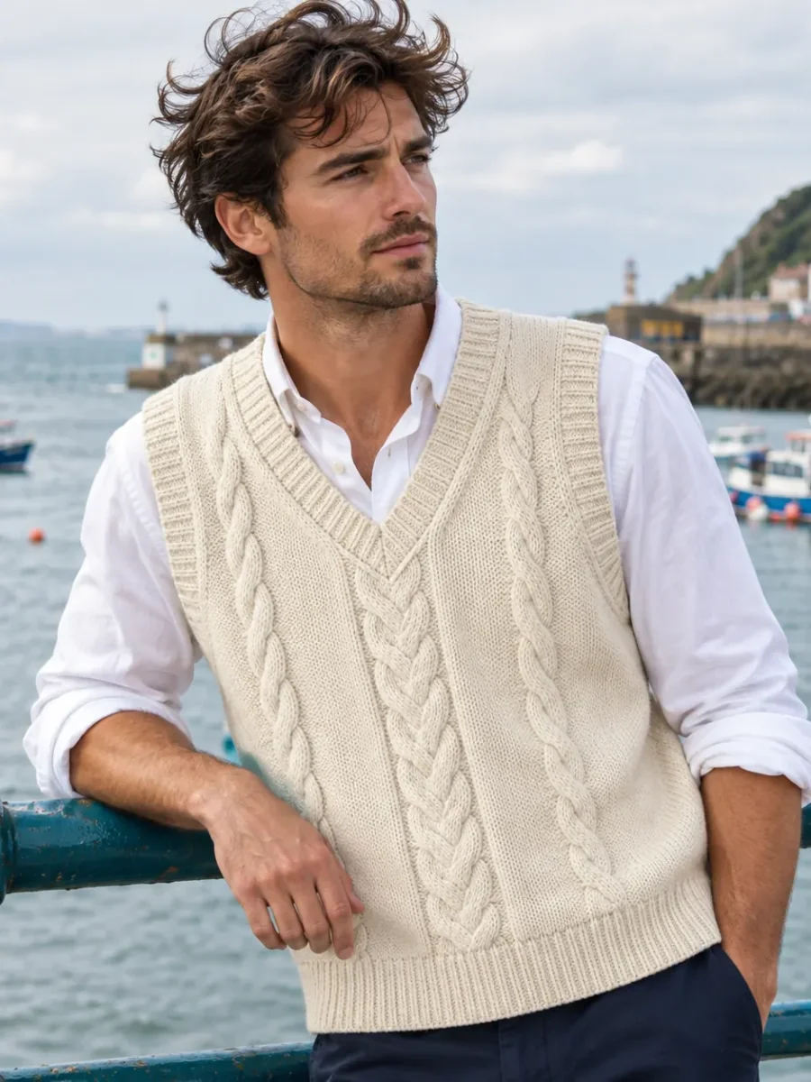 A man in the Fisher Cable V-Neck Vest over a white shirt by a harbour railing
