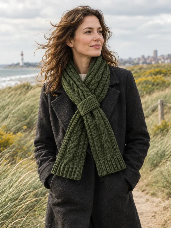 Cromarty Rope Collar Scarf – Kelp, worn outdoors by the sea
