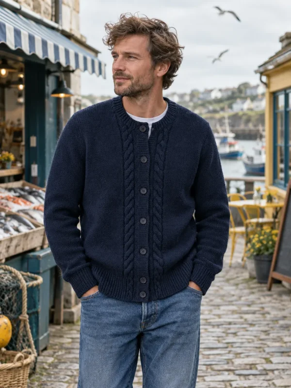 Cromarty Rope-Edge Cardigan – Fathom, worn outdoors by the sea