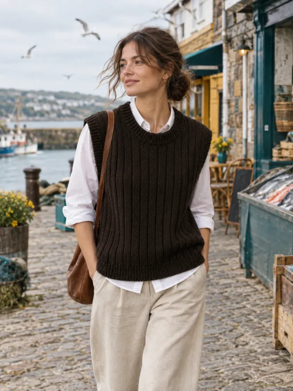 Dogger Rib Crew Vest – Peat, worn outdoors by the sea