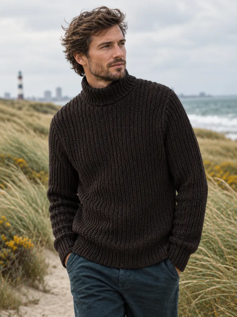 Dogger Rib Mock-Neck – Peat, worn, close-up