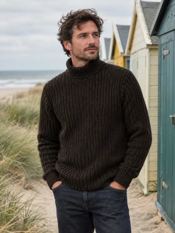 Dogger Rib Mock-Neck – Peat, worn outdoors by the sea