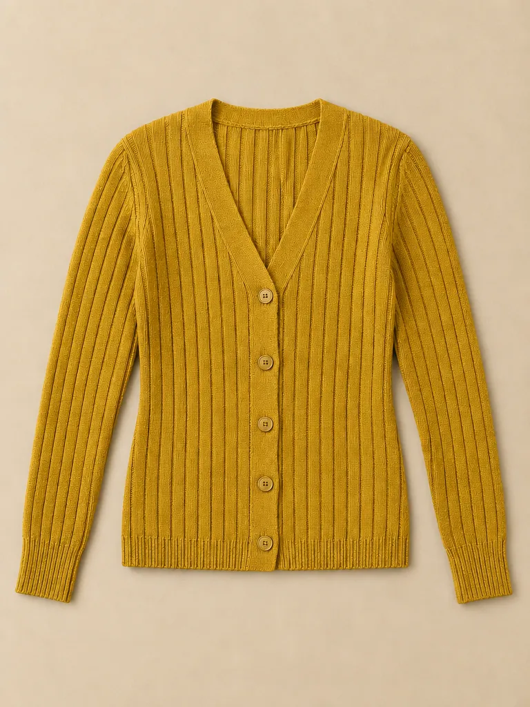 Dogger Rib V-Cardigan – Oilskin, laid flat, front
