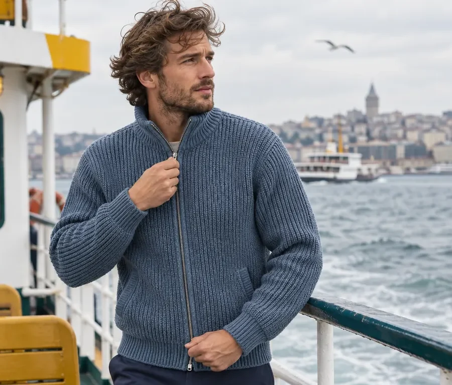 A man zipping up the Tyne Fisherman Rib Zip Cardigan on a ferry deck