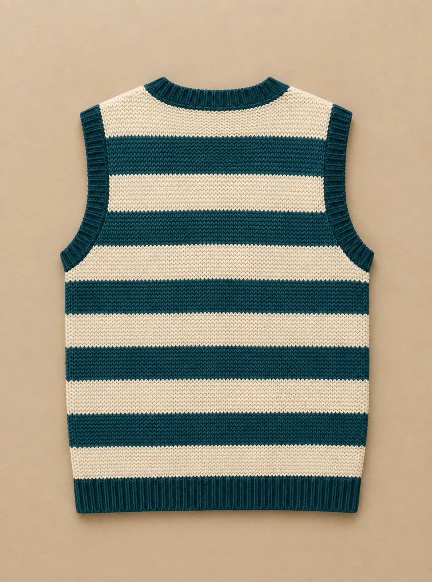 Faeroes Garter Stripe Vest – Salt, laid flat, back