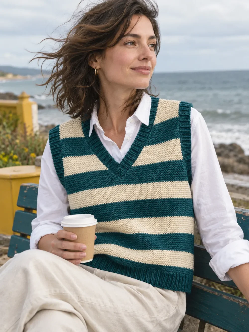Faeroes Garter Stripe Vest – Salt, worn, close-up