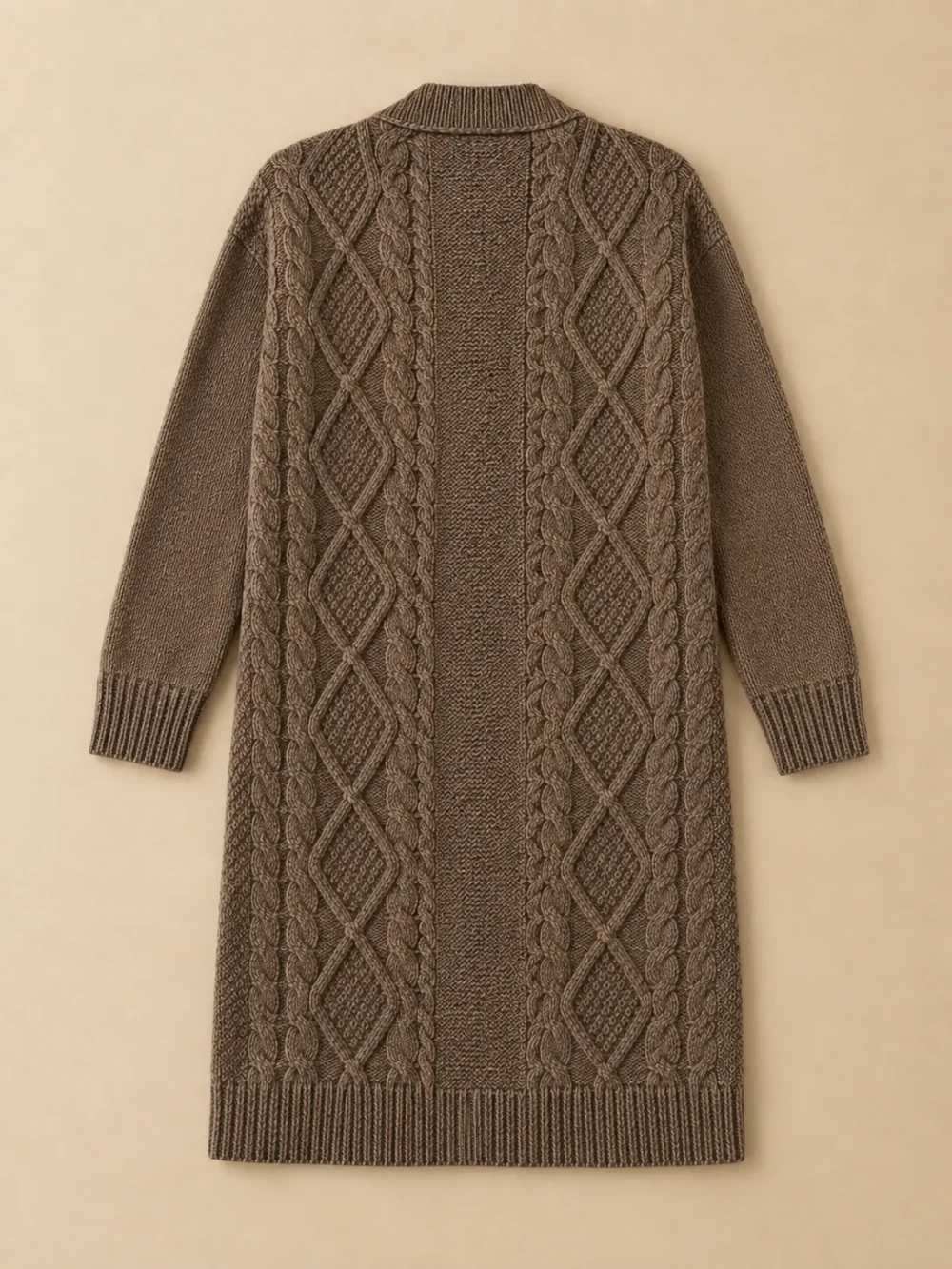 Fastnet Diamond Long Cardigan – Driftwood, laid flat, back