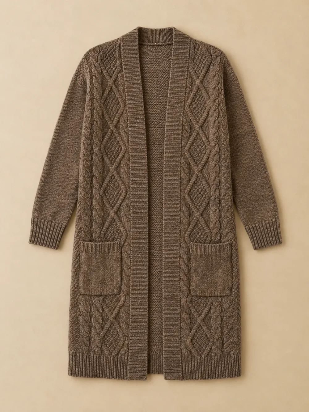 Fastnet Diamond Long Cardigan – Driftwood, laid flat, front