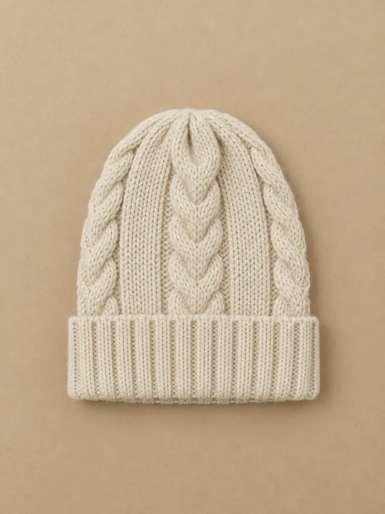 Fisher Cable Beanie – Salt, laid flat, front
