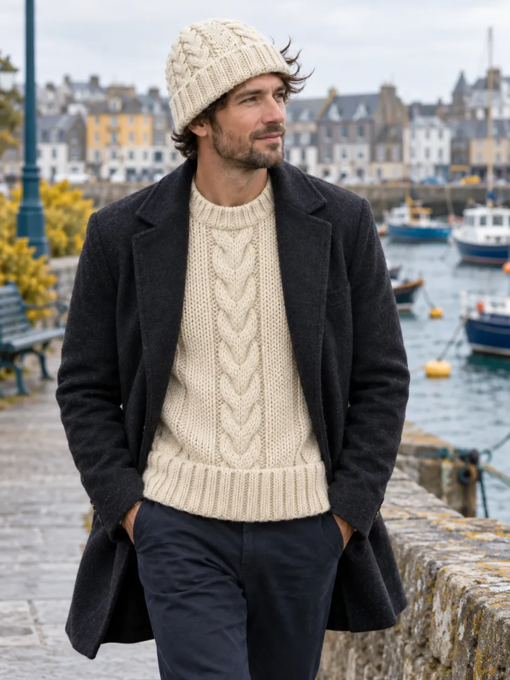 Fisher Cable Beanie – Salt, worn outdoors by the sea