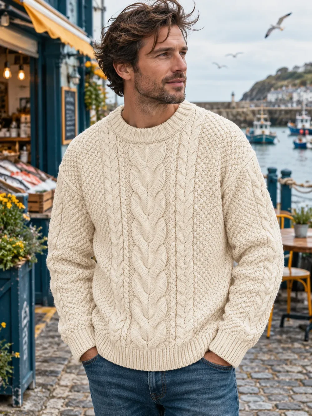 Fisher Cable Crew – Salt, worn, close-up