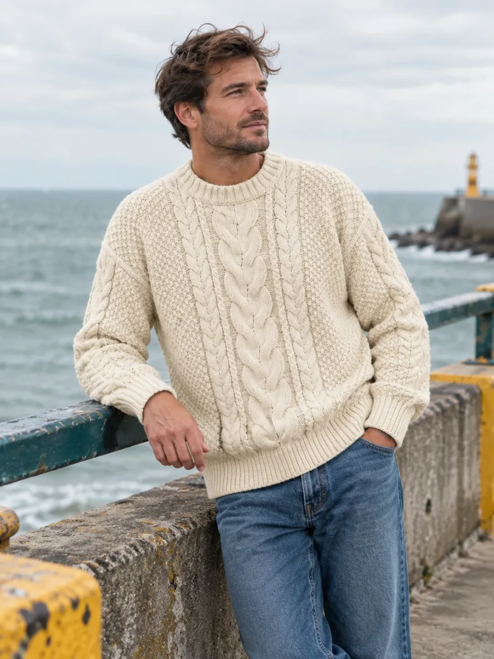 Fisher Cable Crew – Salt, worn outdoors by the sea