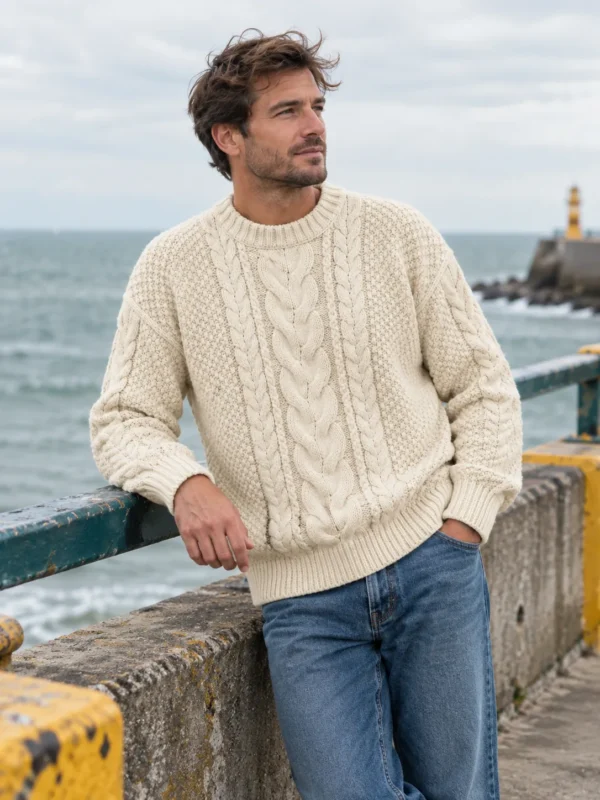 Fisher Cable Crew – Salt, worn outdoors by the sea