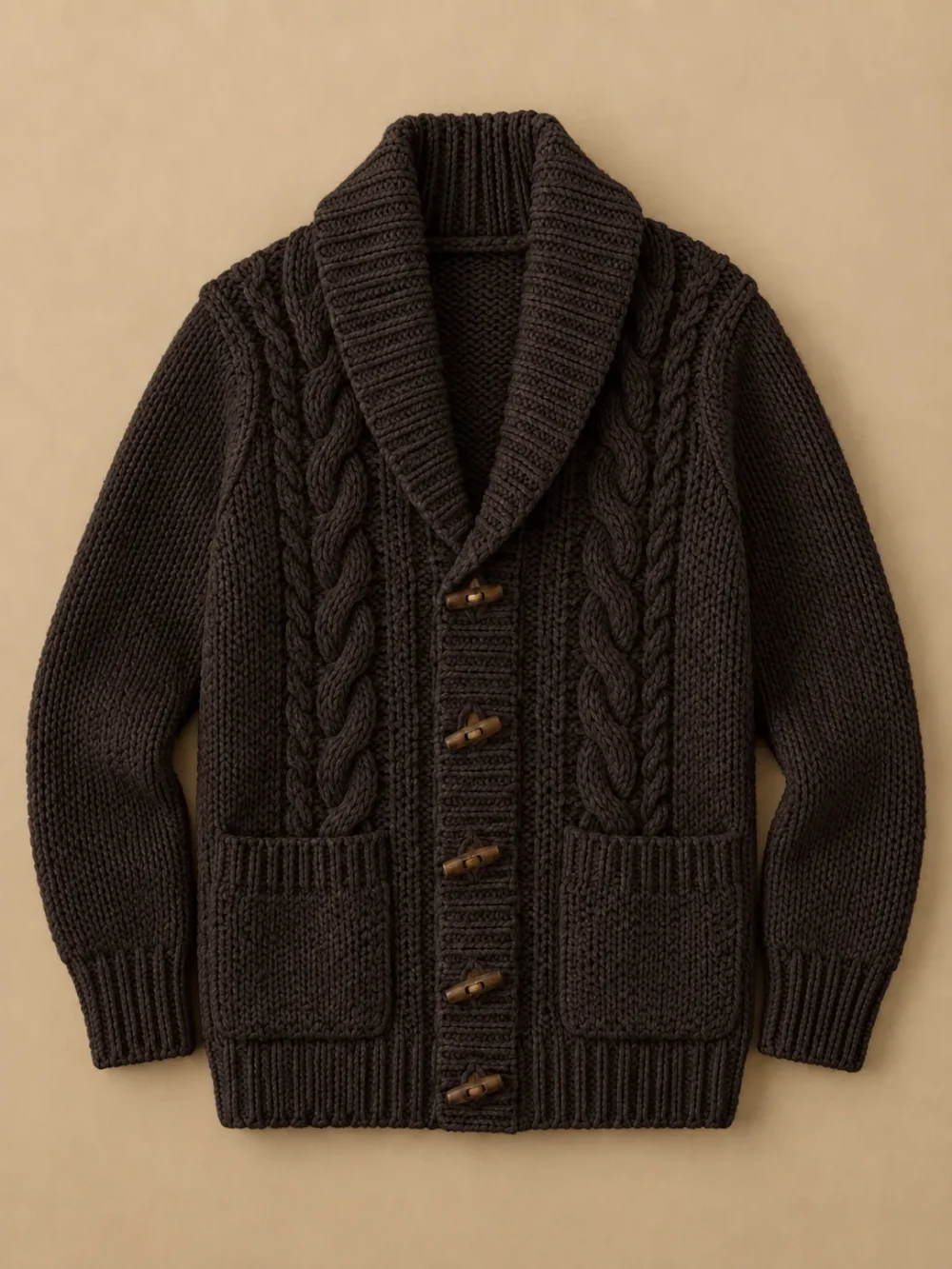 Fisher Cable Shawl Cardigan – Peat, laid flat, front