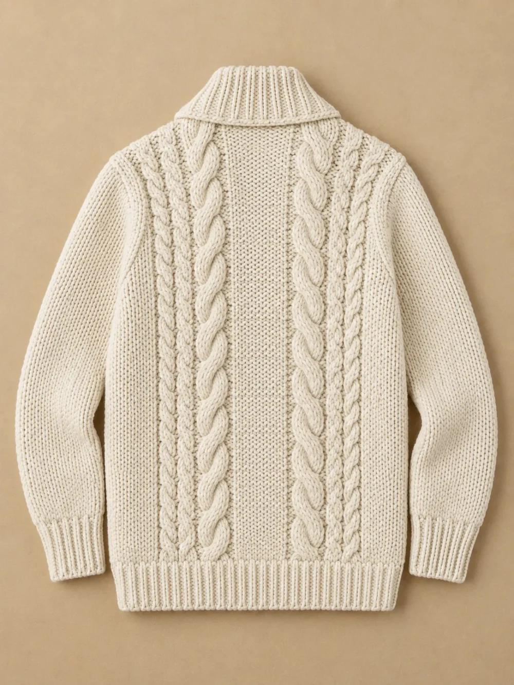 Fisher Cable Shawl Cardigan – Salt, laid flat, back