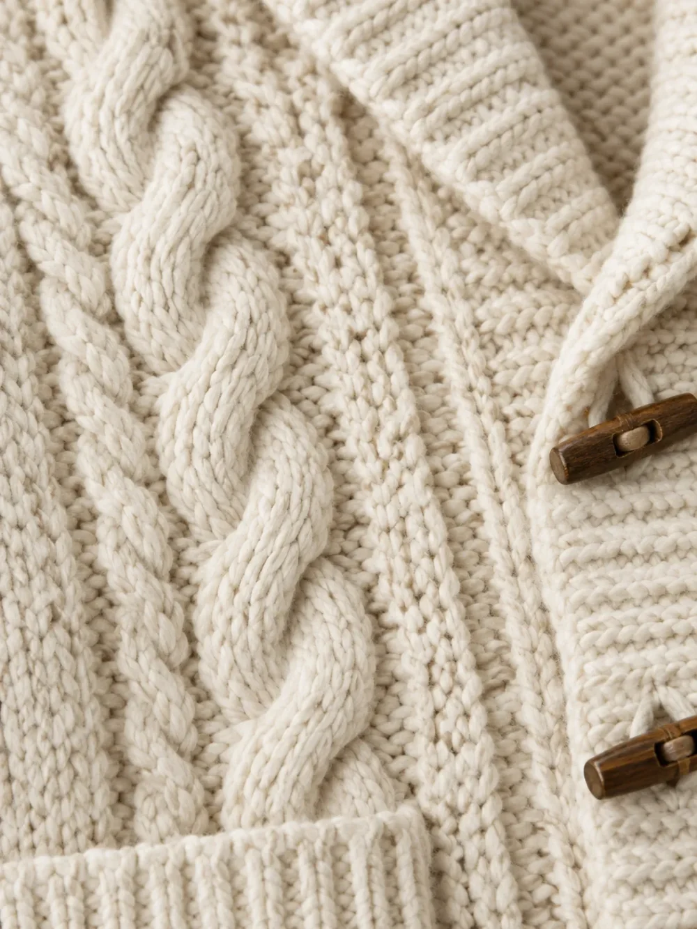 Fisher Cable Shawl Cardigan – Salt, close-up of the stitch
