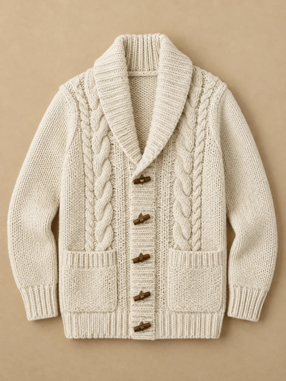 Fisher Cable Shawl Cardigan – Salt, laid flat, front