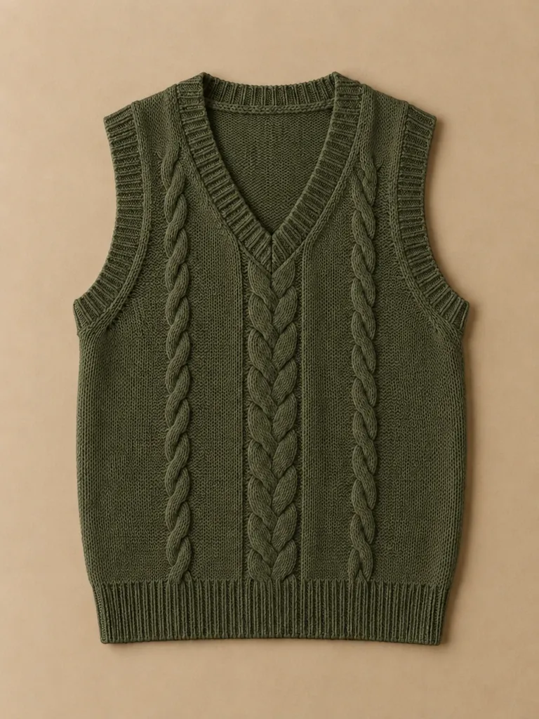 Fisher Cable V-Neck Vest – Kelp, laid flat, front