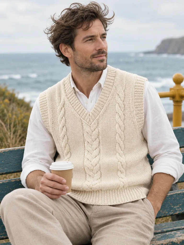 Fisher Cable V-Neck Vest – Salt, worn, close-up
