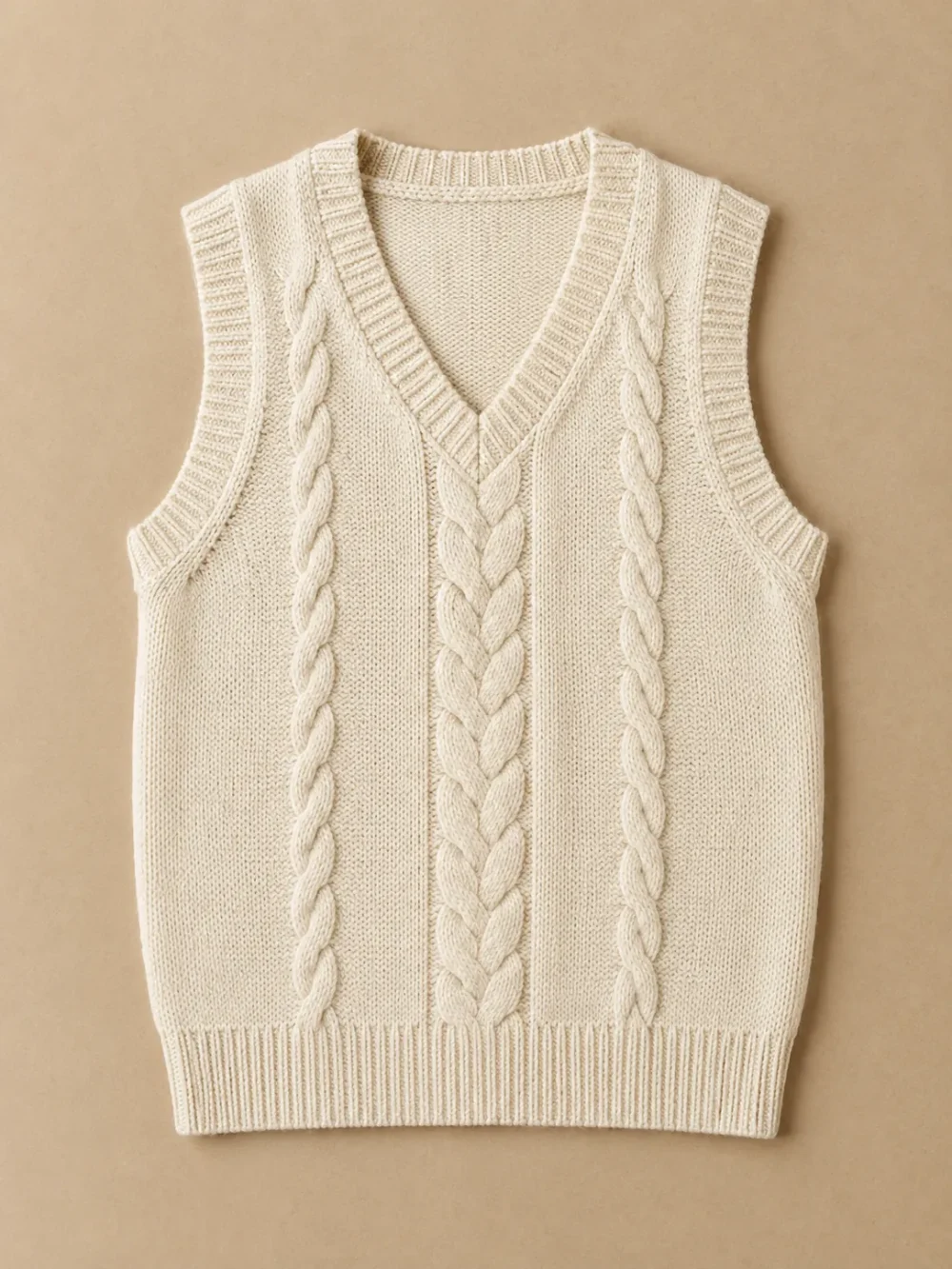 Fisher Cable V-Neck Vest – Salt, laid flat, front
