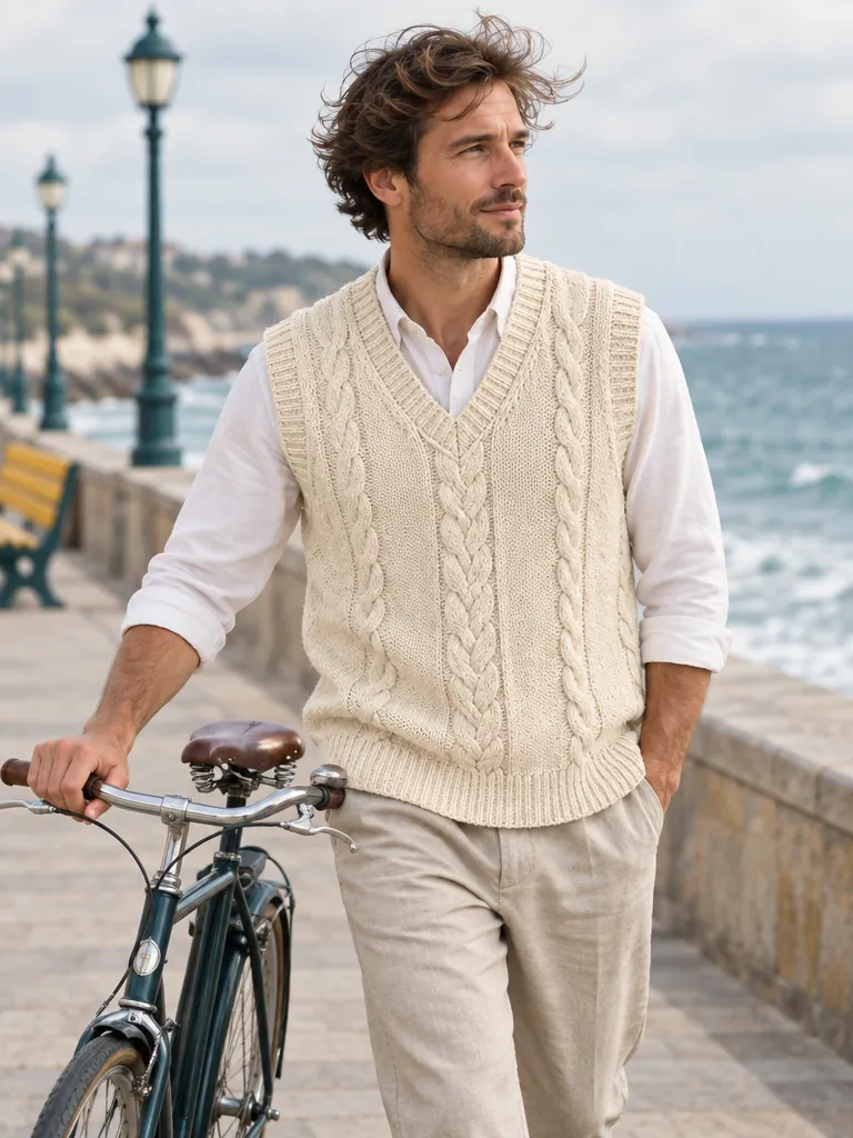 Fisher Cable V-Neck Vest – Salt, worn outdoors by the sea