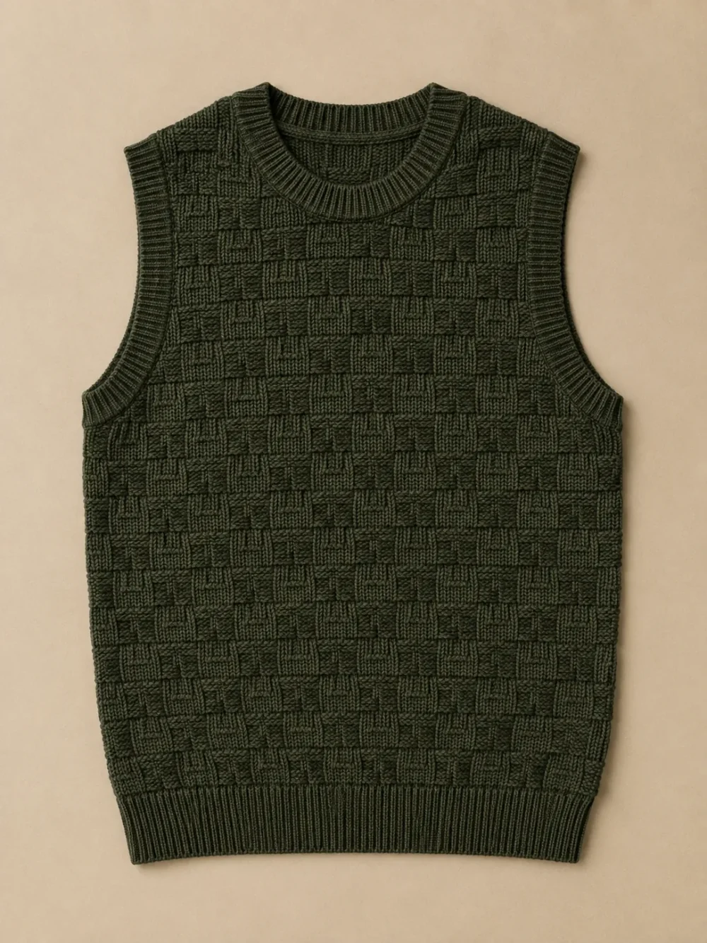 Fitzroy Basketweave Vest – Kelp, laid flat, front