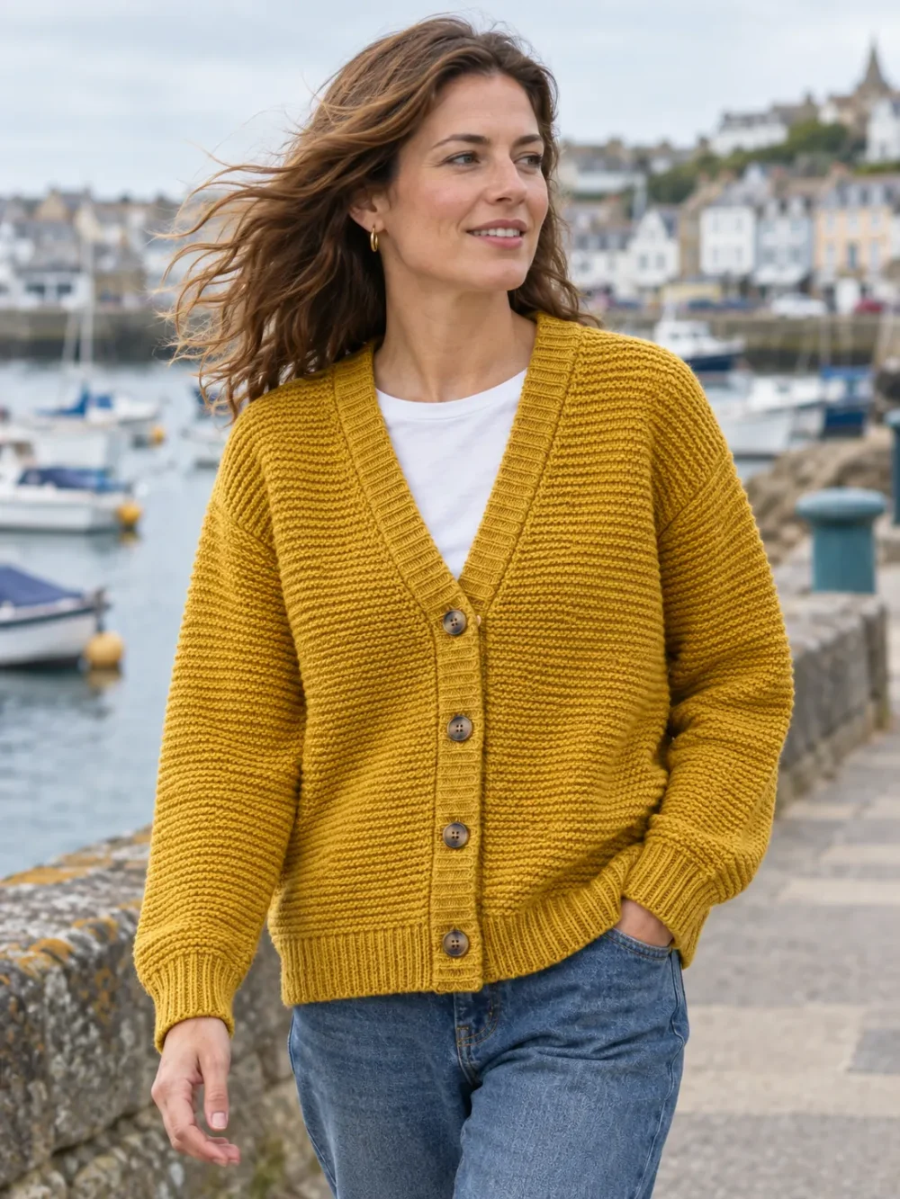 Forties Garter Ridge Cardigan – Oilskin, worn, close-up