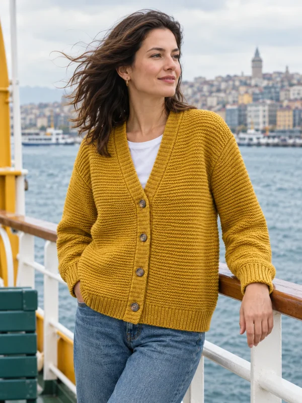 Forties Garter Ridge Cardigan – Oilskin, worn outdoors by the sea