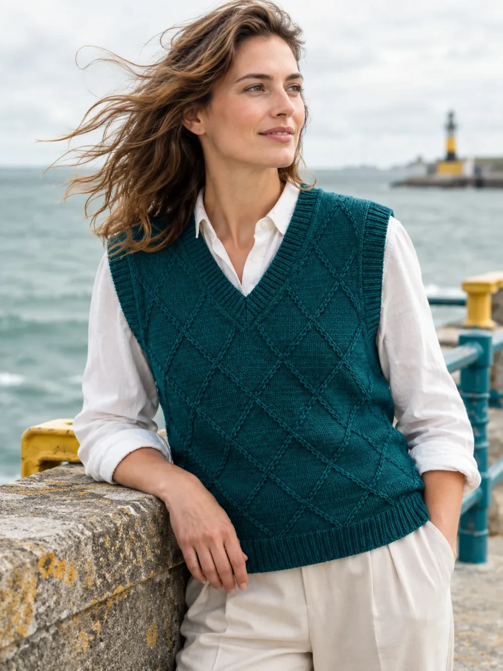Humber Diamond Vest – Harbour, worn, close-up
