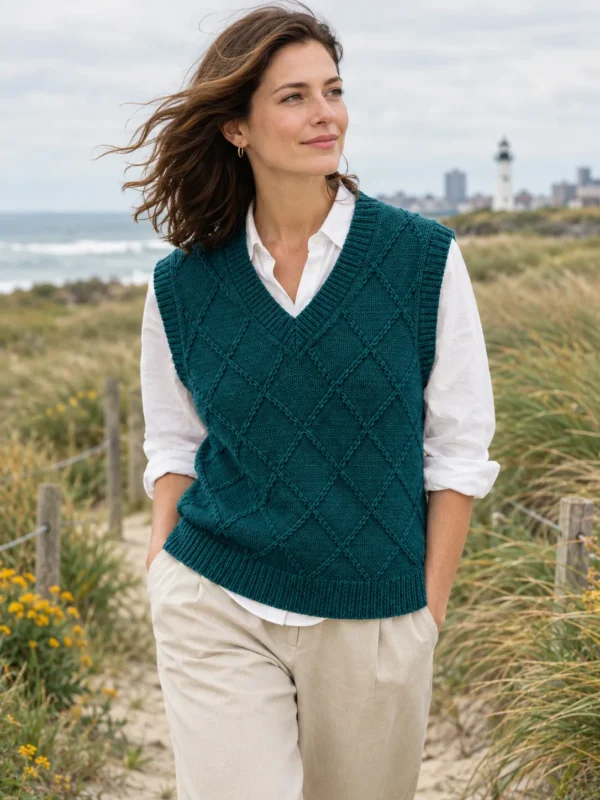 Humber Diamond Vest – Harbour, worn outdoors by the sea