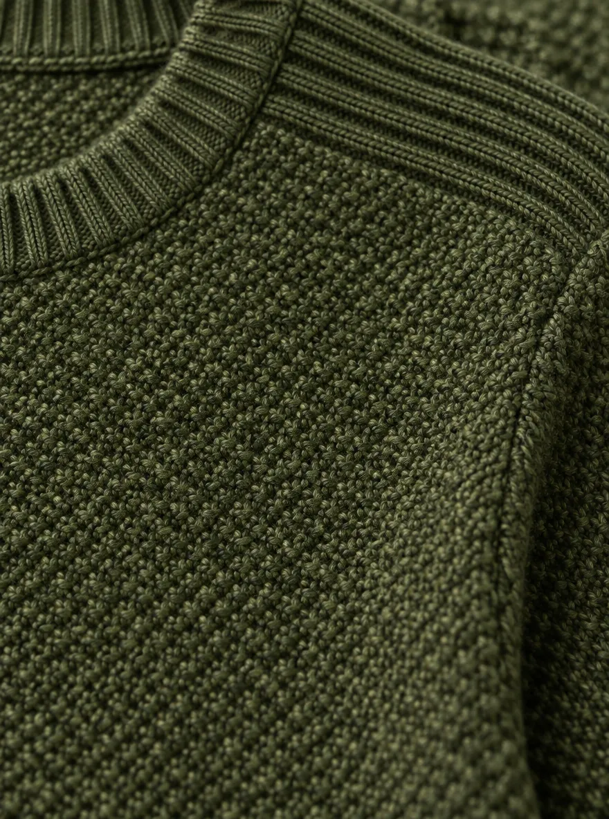 Irish Sea Saddle-Shoulder Crew – Kelp, close-up of the stitch