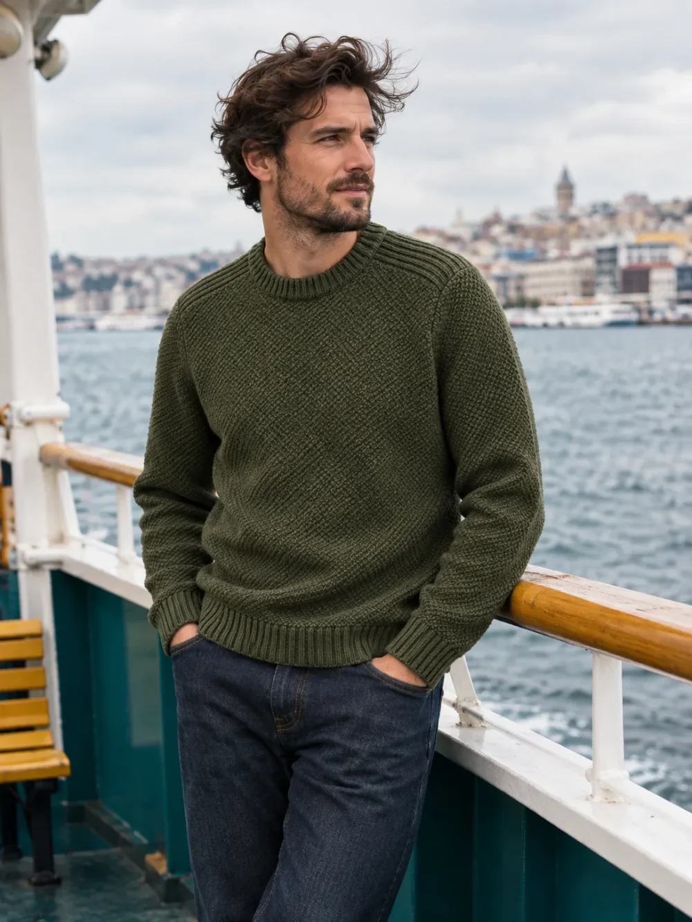 Irish Sea Saddle-Shoulder Crew – Kelp, worn outdoors by the sea