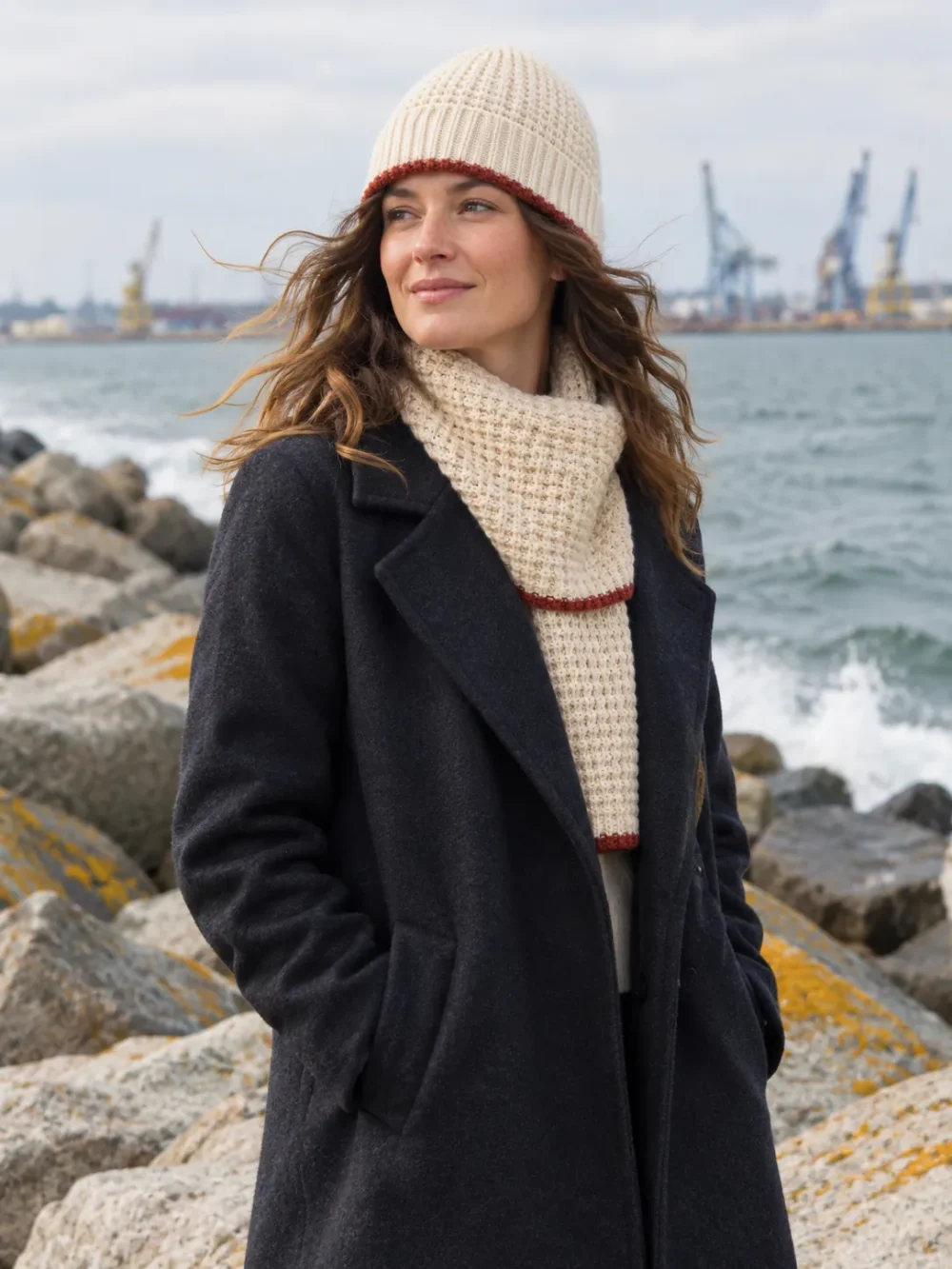 Lundy Tipped Beanie – Salt, worn outdoors by the sea