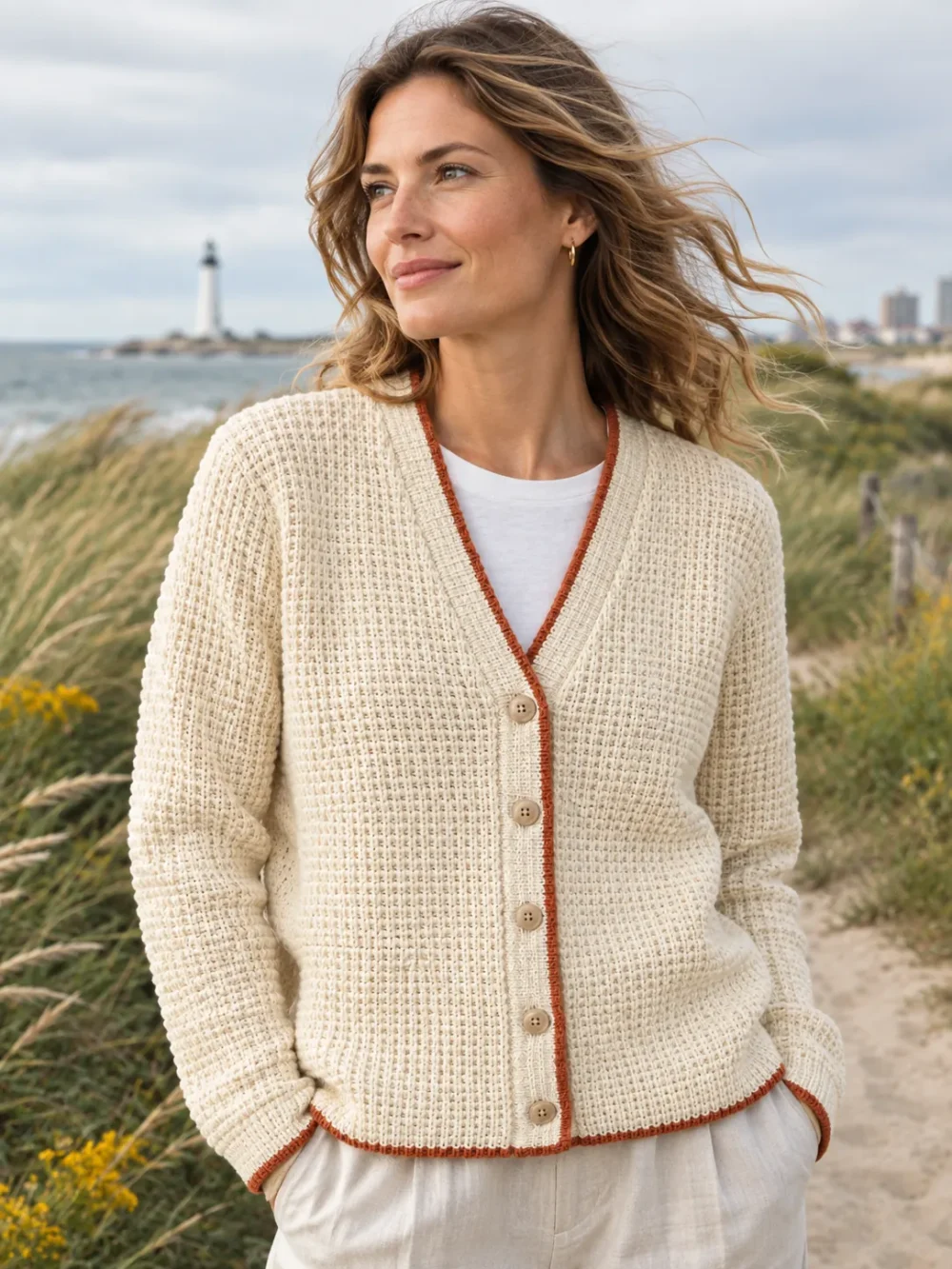Lundy Tipped Cardigan – Salt, worn, close-up