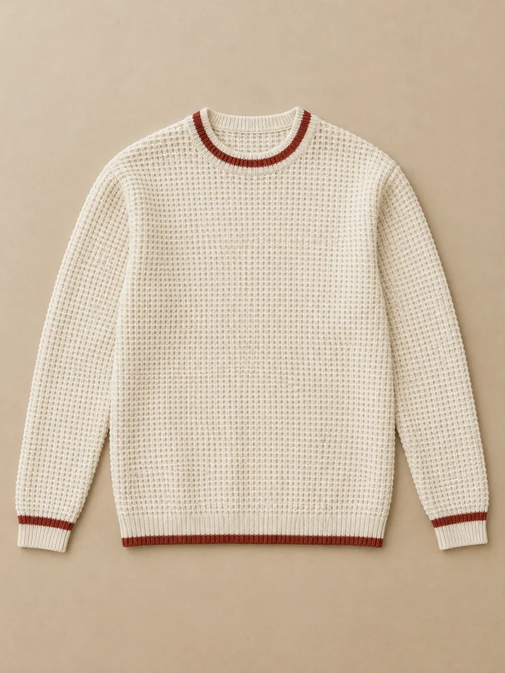 Lundy Tipped Waffle Crew – Salt, laid flat, front