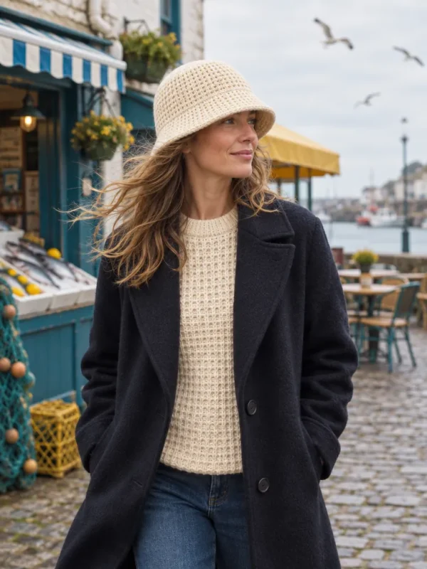 Malin Waffle Bucket Hat – Salt, worn outdoors by the sea