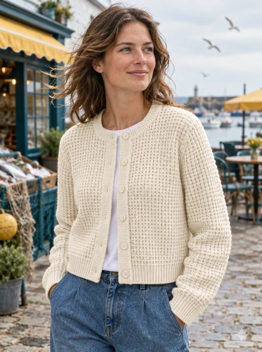Malin Waffle Crop Cardigan – Salt, worn, close-up