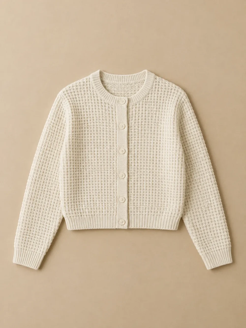 Malin Waffle Crop Cardigan – Salt, laid flat, front