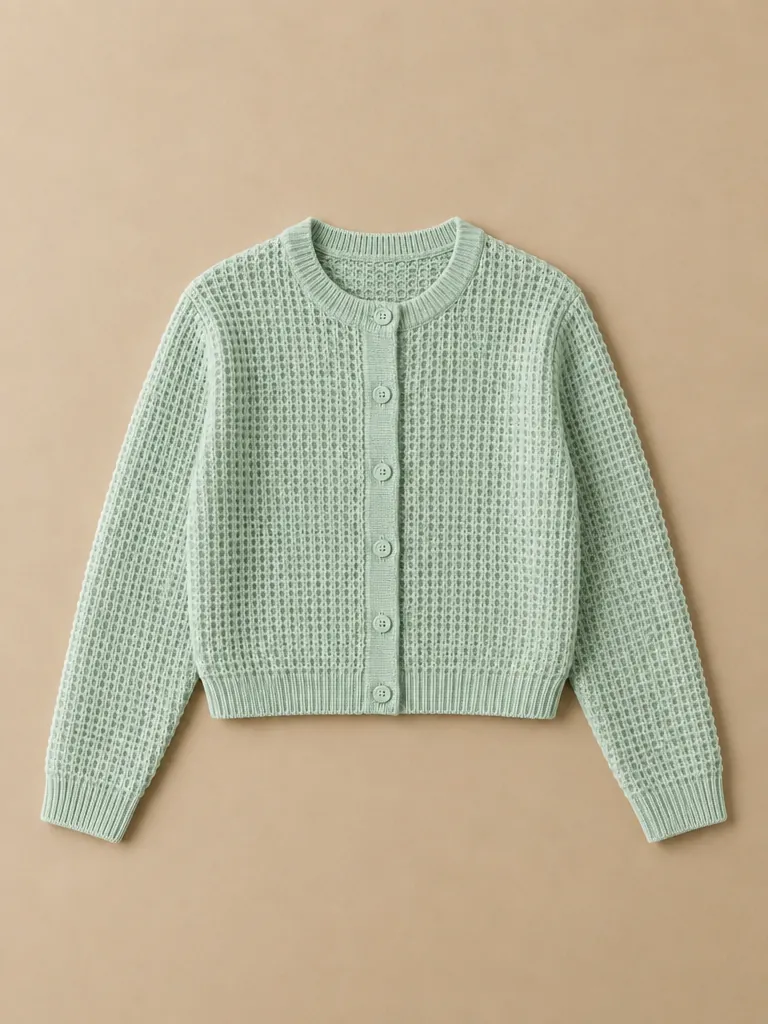 Malin Waffle Crop Cardigan – Sea Glass, laid flat, front