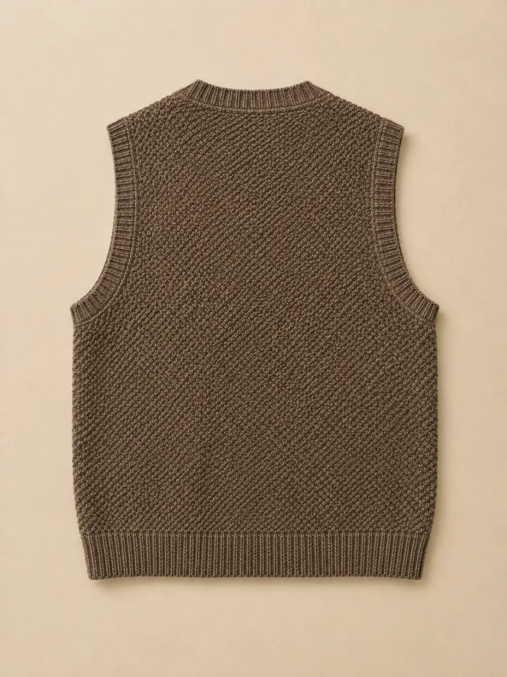 Plymouth Knit Waistcoat – Driftwood, laid flat, back