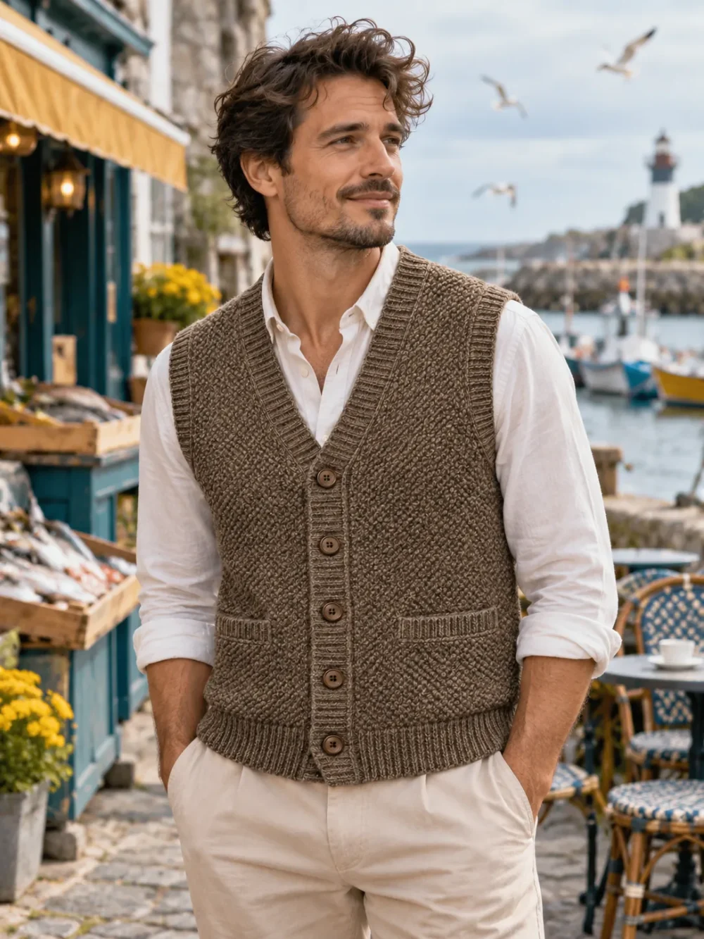 Plymouth Knit Waistcoat – Driftwood, worn, close-up