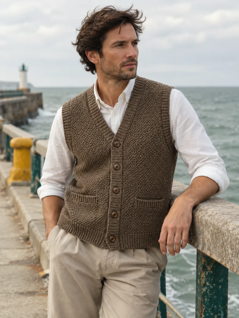 Plymouth Knit Waistcoat – Driftwood, worn outdoors by the sea
