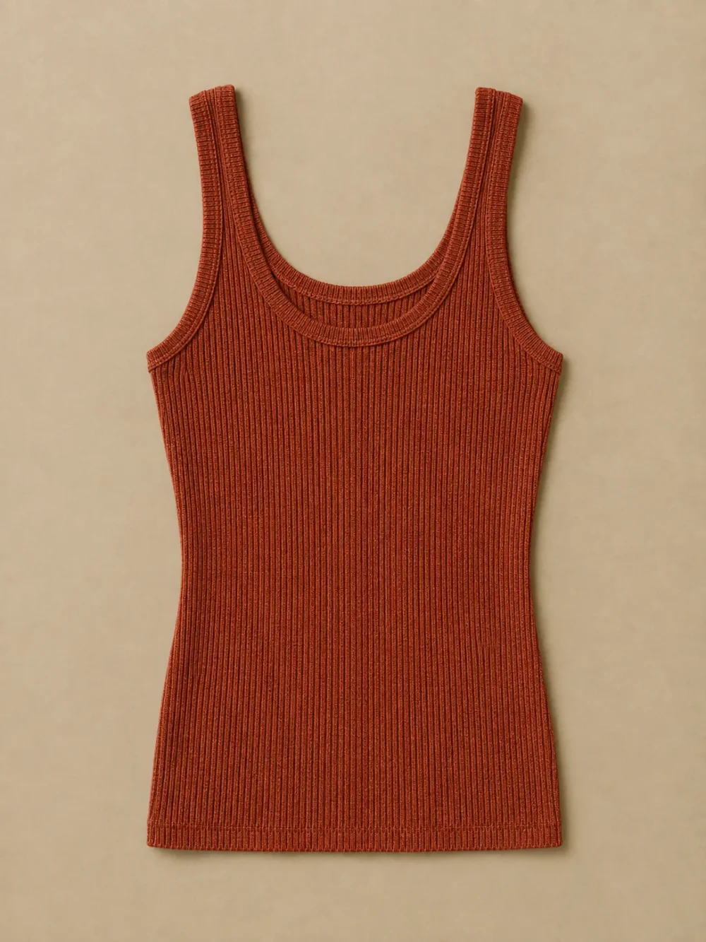 Portland Rib Knit Tank – Rust, laid flat, front